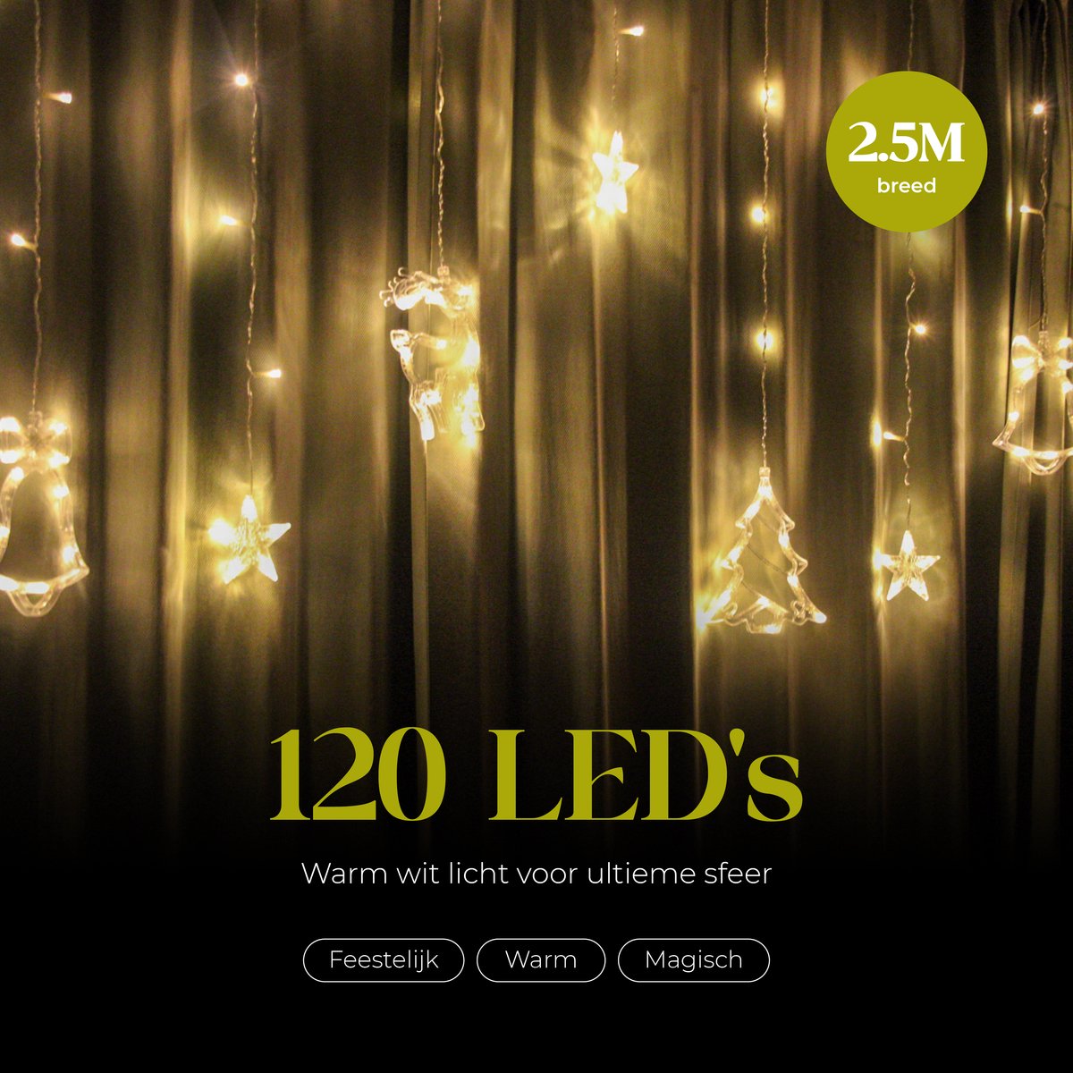 Giftmas Kerstverlichting Raam - Lichtgordijn Kerst met Figuren 2,5 m - 120 LED Warm Wit - Raamdecoratie Binnen en Buiten - Sterren, Klokken en Rendieren – foto 7