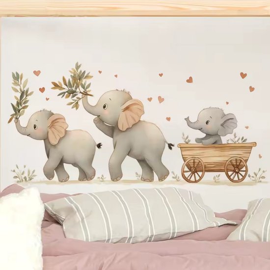Muursticker 'Olifanten Familie' - Baby Olifantje - 58x28cm - Zelfklevend PVC - Decoratie Babykamer - Kinderkamer - Jongen - Meisje