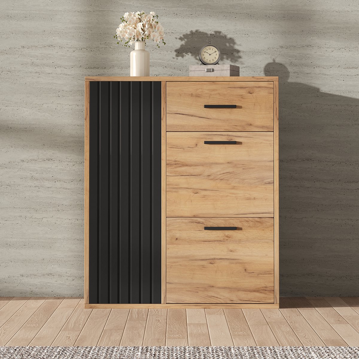 Schoenenkast - kast met verstelbare planken - 1 lade - 2 klapdeurtjes voor schoenen en 1 deur - zwart met houtkleur - 80x24x95 -5 cm
