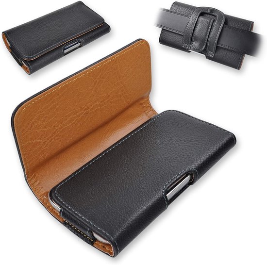 Collage d'étuis de téléphone en cuir noir, ouverts, fermés et attachés à une ceinture.