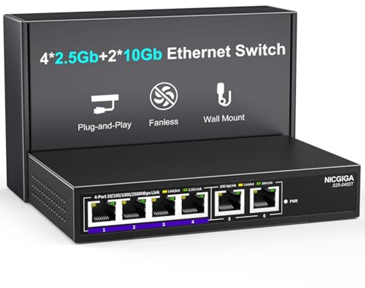 6-poorts 10 Gbps Ethernet-switch met 2 x 10 Gb en 4 x 2,5 Gb poorten voor desktop of wandmontage