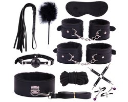 10-delige speelset voor koppels met zweep, handboeien, masker en gag-accessoires - Verstelbare set met zachte veren voor volwassenen (zwart)