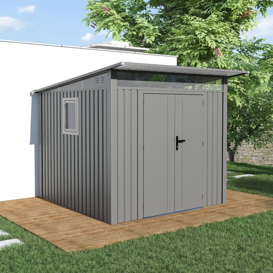 Rockford Porto 200 metalen tuinhuis met lessenaarsdak - Tuinschuur met centraal slot, polycarbonaat ramen en regenpijpen - 232 x 254 cm - Grijs