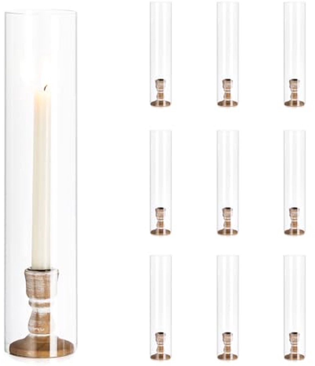 Hurricane Kaarsenhouder Houten Set - 10 Stuks met Glazen Bescherming voor Taper Kaarsen en Decoratie