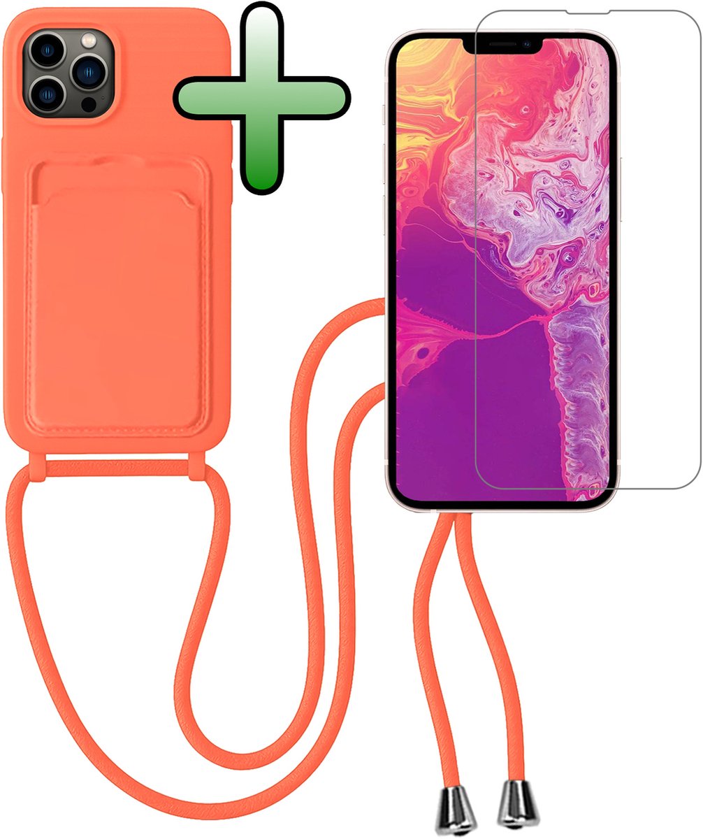 Hoes Geschikt voor iPhone 13 Pro Hoesje Pas Houder Case Hoes Met Koord Met Screenprotector - Hoesje Geschikt voor iPhone 13 Pro Hoes Met Telefoonkoord Pasjeshouder Cover - Papaya