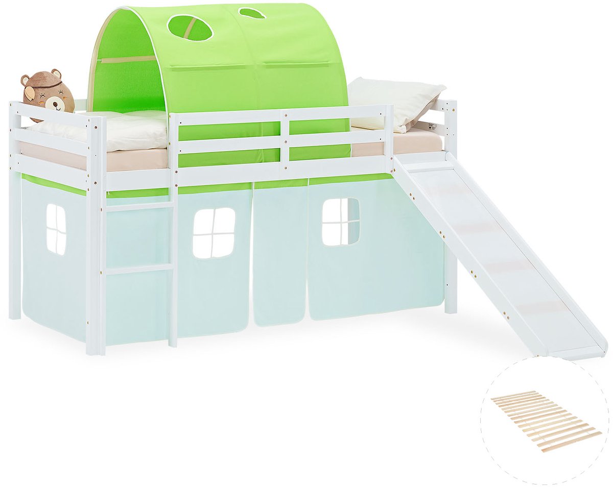 Homestyle4u Hoogslaper - 90x200 cm - groen - met lattenbodem - schuif Wit
