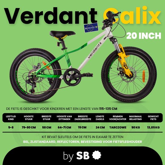 Verdant Bike Kinderfiets voor jongens 20 inch wielmaat te kiezen uit 6 versnellingen Shimano van 6 tot 10 jaar in hoogte verstelbaar (Wit Groen) van Verdant Bike — afbeelding 5