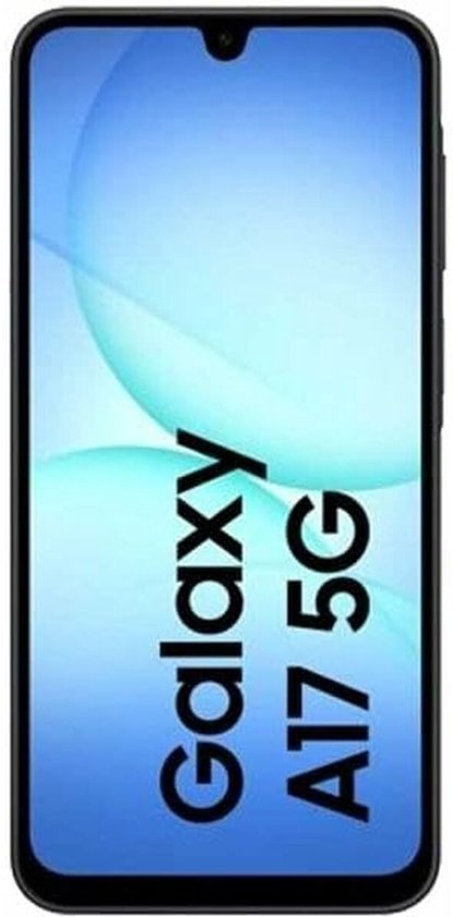 Samsung Galaxy A17 5G smartphone met een blauw scherm waarop 'Galaxy A17 5G' staat.