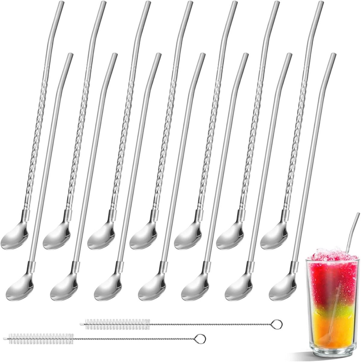 Set van 14 Rietjes met Lepel – Roestvrijstaal, Herbruikbaar met 2 Reinigingsborstels – Voor IJs, Milkshakes, Cocktails, Smoothies