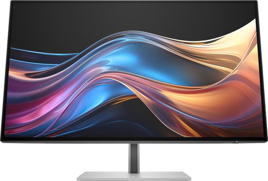Zilveren HP 27-inch QHD monitor met levendige kleurovergangen op het scherm.