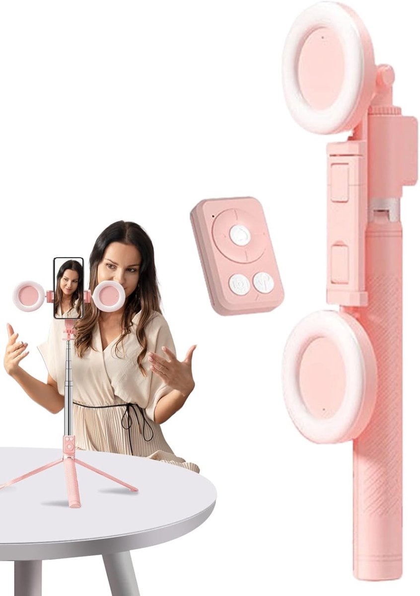 Selfiestick-statief met licht, inclusief invullicht, draadloze selfiestick met afstandsbediening voor selfies, livestreaming, video's en make-up