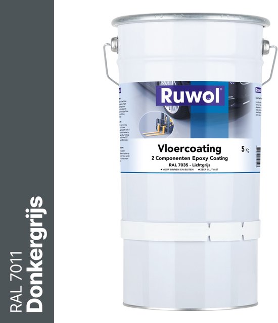 Ruwol 2K Epoxy Vloercoating Donkergrijs (RAL 7011) 5 kg - Vloerverf - 3 populaire kleuren - Garagevloer Coating - Slijtvast, naadloos en vloeistofdicht - Eenvoudig Schoon te maken - 2 componenten verf