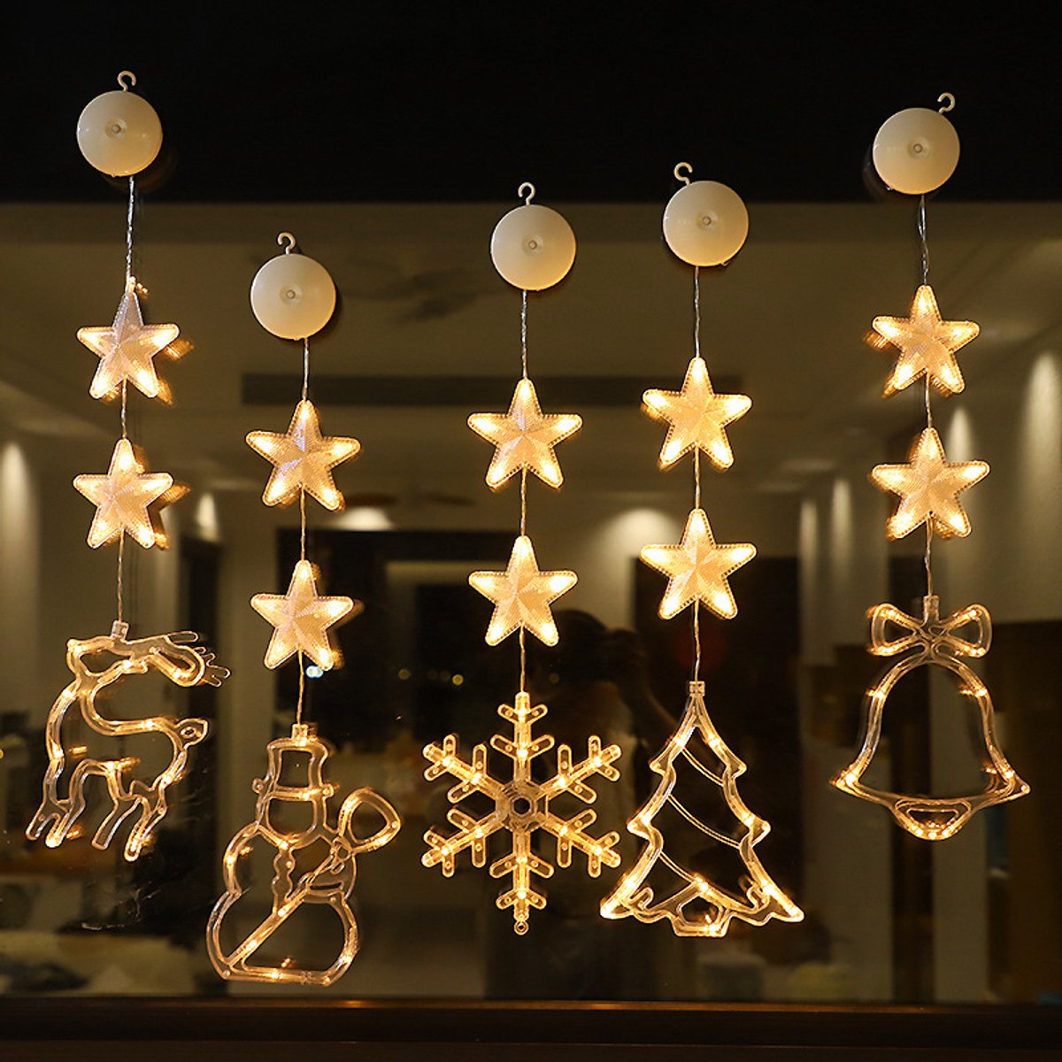 Exclusieve 5-delige kerstdecoratie voor raamverlichting op batterijen, stervormige, veelkleurige LED-zuignapverlichting met zuignap, eland + sneeuwvlok + kleine bel + kerstboom + sneeuwpop, warme kleurenversie (batterijen niet inbegrepen)