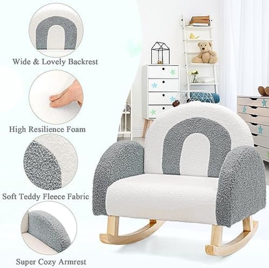 Kinderstoel Schommelstoel Teddy Fluweel Zachte Peuterstoel Meisjes Jongens Kinderbank Massief Houten Poten Antislip Grijs Kinderkamer van Merkloos — afbeelding 5