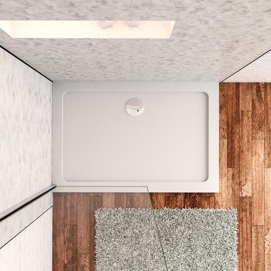 Aica Receveur de douche rectangulaire blanc 170x76 cm (épaisseur 3cm seulement), fabriqué en pierre artificielle et résine minérale. Design extra-plat avec grille d'évacuation disponible en plusieurs dimensions.