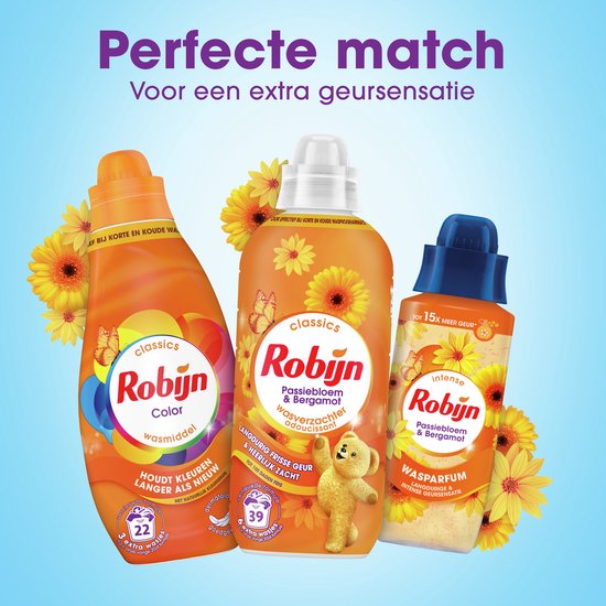 Robijn wasmiddel Color en wasverzachter Passiebloem & Bergamot met gele bloemen en vlinders. "Perfecte match"
