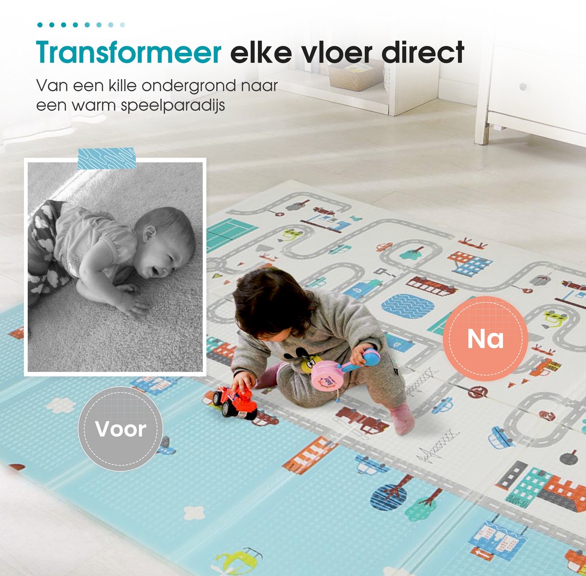 Speelmat – Speelkleed - Kinderen – Boxkleed - Babygym - Zachte Kruipmat met Levendige Auto & Stad Print – Speelmat foam - Baby - Opvouwbaar - Babyshower - 150x200cm - Inclusief opbergtas — afbeelding 2
