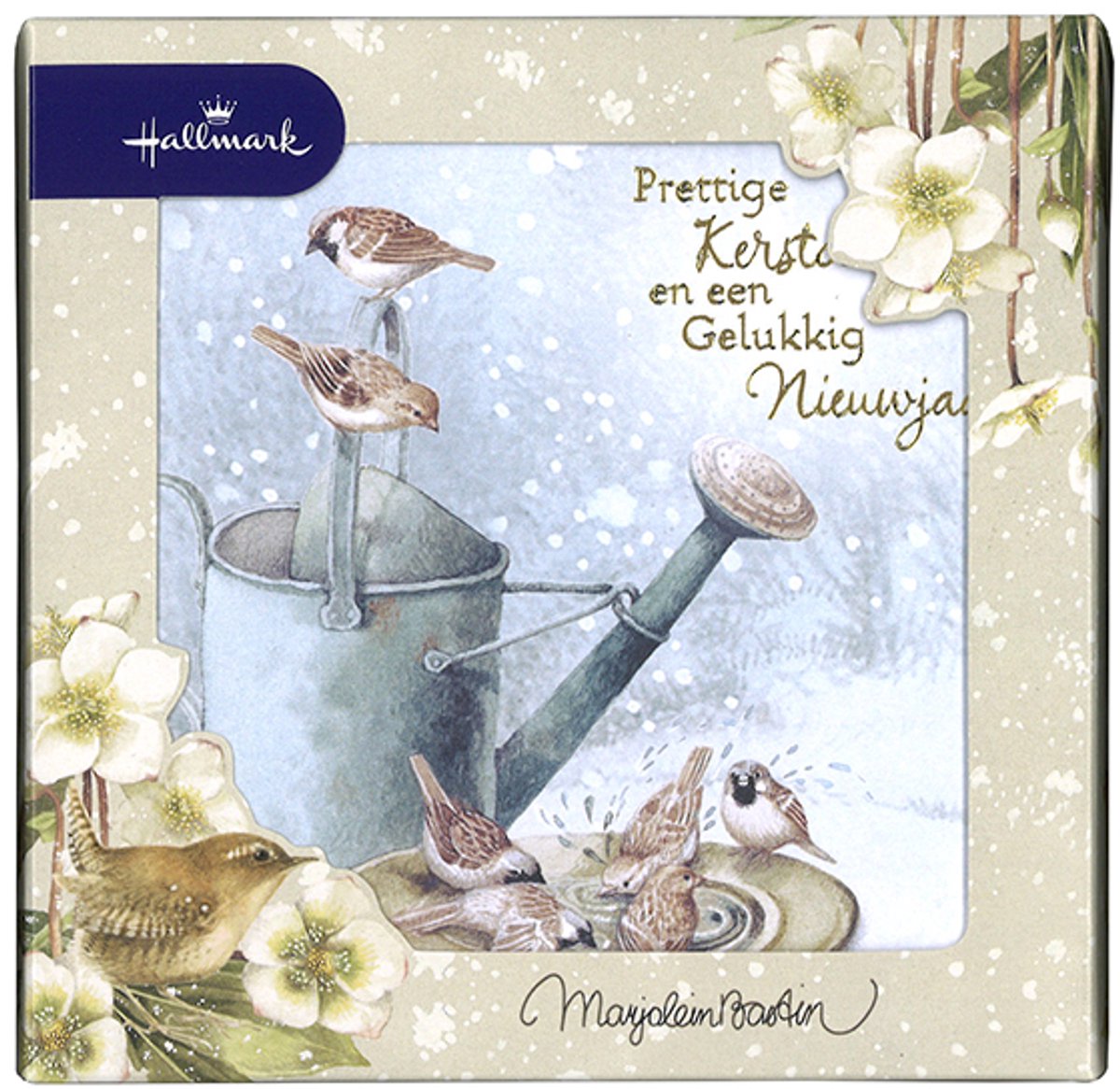 Hallmark - Marjolein Bastin - 16 Kerstkaarten - Vogels & Gieter - Goudfolie - Vierkant - Kerst - Nieuwjaar - 13 x 13 cm