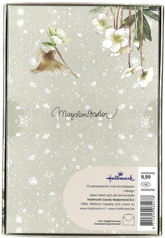 Achterkant van een Hallmark wenskaart met witte kerstrozen en een winterkoninkje. Marjolein Bastin.