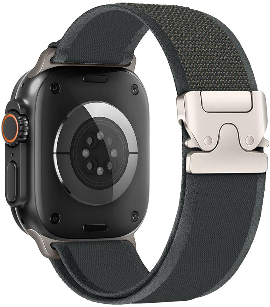 Nylon bandje - geschikt voor Apple Watch 1/2/3/4/5/6/7/8/9/10/11/ SE (1,2,3) met maat 38 mm / 40 mm / 41 mm en 42 mm (Watch 10/11) - P-Buckle gespsluiting - zwart