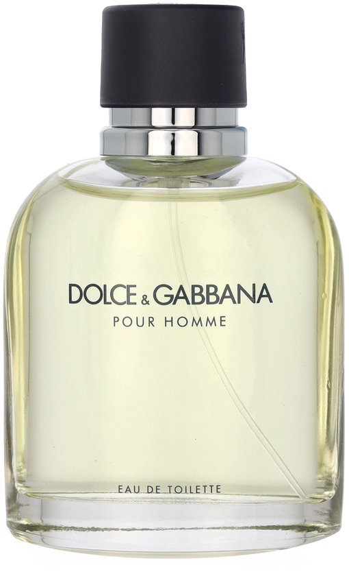 Dolce & Gabbana Pour Homme Eau de Toilette, heldere gele vloeistof in een glazen fles met zwarte dop.