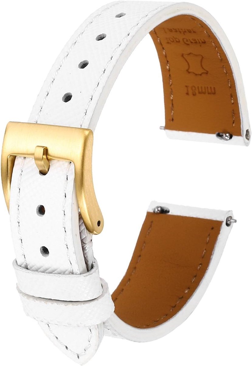 Allecto plus - Echt leren horlogebandje 18 mm wit met snelwissel - Gouden gesp - Mannen en vrouwen - Reservearmband