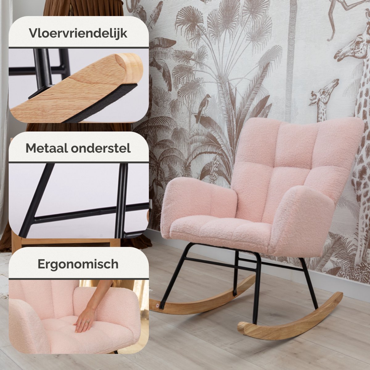 SITTT Schommelstoel - Relaxstoel babykamer - Fauteuil - Voedingsstoel - Licht Roze — afbeelding 5