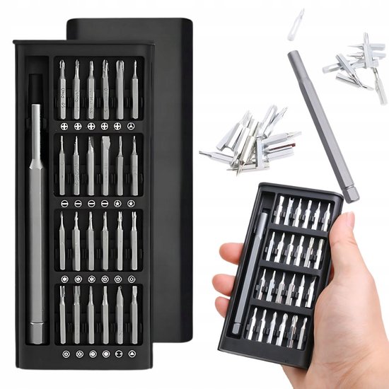 Een schroevendraaier en 24 zilveren bits in een zwarte koffer, met een hand die de koffer vasthoudt.