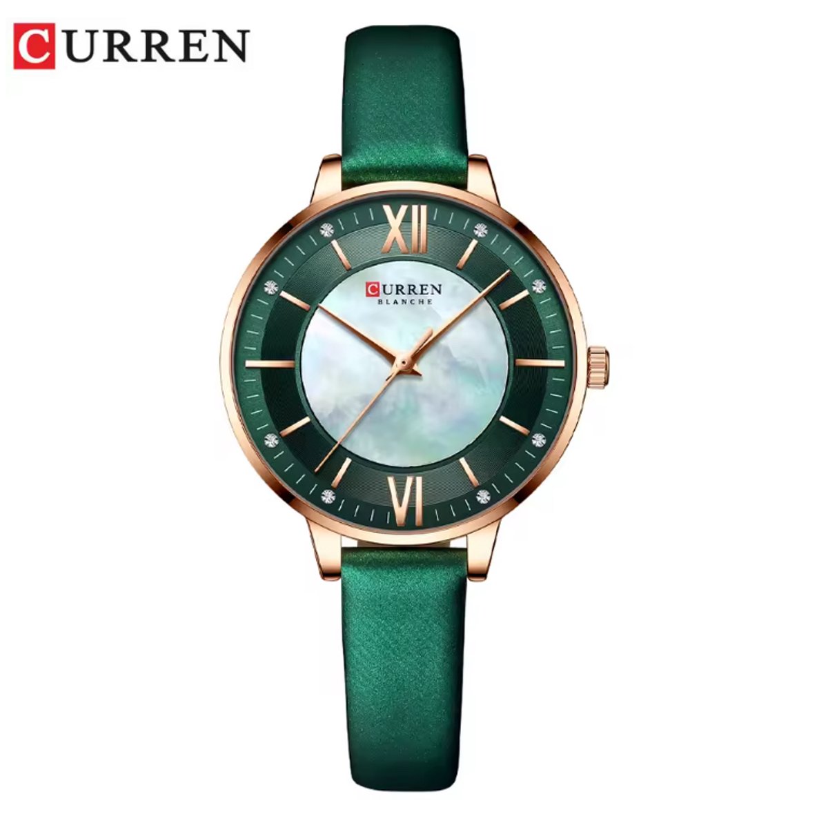 CURREN Horloge 9080 - Rosékleurig-Groen - Dames - Quartz - Lederen Band - Waterbestendig en Stijlvol