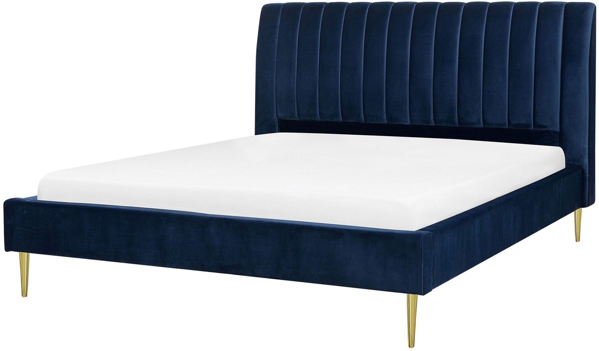 Beliani MARVILLE - Tweepersoonsbed - Marineblauw - 160 x 200 cm - Fluweel