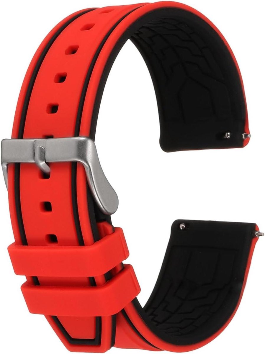 Allecto plus - Siliconen horlogebandje 22 mm met snelsluiting - Rood-Zwart - Zacht en comfortabel