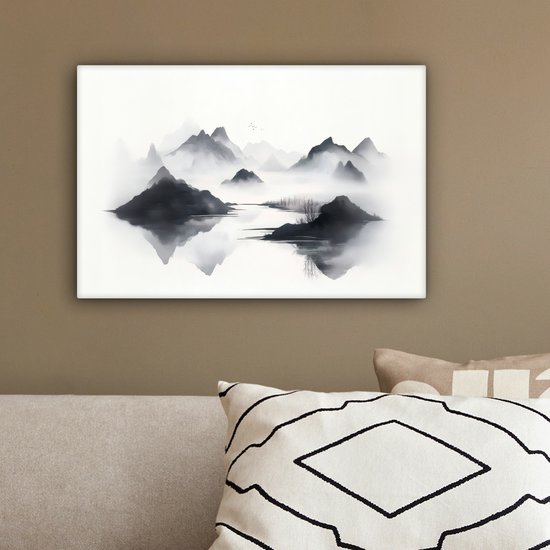 Canvas schilderij 30x20 cm - Exclusieve wanddecoratie Bergen - Mistig - Water - Wit - Muurdecoratie woonkamer - Slaapkamer decoratie - Kamer accessoires - Schilderijen op canvas