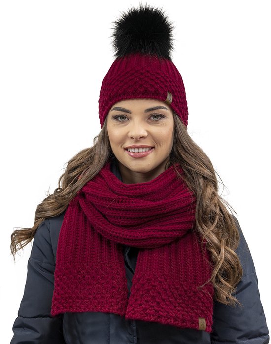 Set bonnet et écharpe d'hiver Vivisence pour femme - Doublure polaire douce et tricot tendance avec pompon en fausse fourrure - Chaleureux par temps froid et confortable au quotidien sans Cheveux statique - Bordeaux