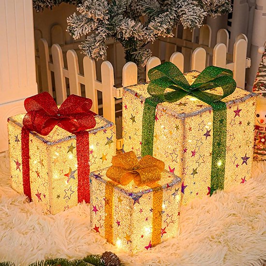 3 stuks kerstdecoratie, led-geschenkdozen, cadeaudozen met