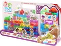 Jelly Blox Mega Pack verpakking met speelgoed en afbeelding van spelende kinderen. Zachte, transparante bouwblokken gevuld met gekleurde bolletjes. Verkrijgbaar in diverse kleuren.
