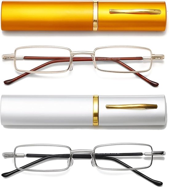 2-pack ultradunne metalen leesbrillen, unisex, met draagbaar clipzakje - 3,0 dioptrie (goud + zilver) — afbeelding 2
