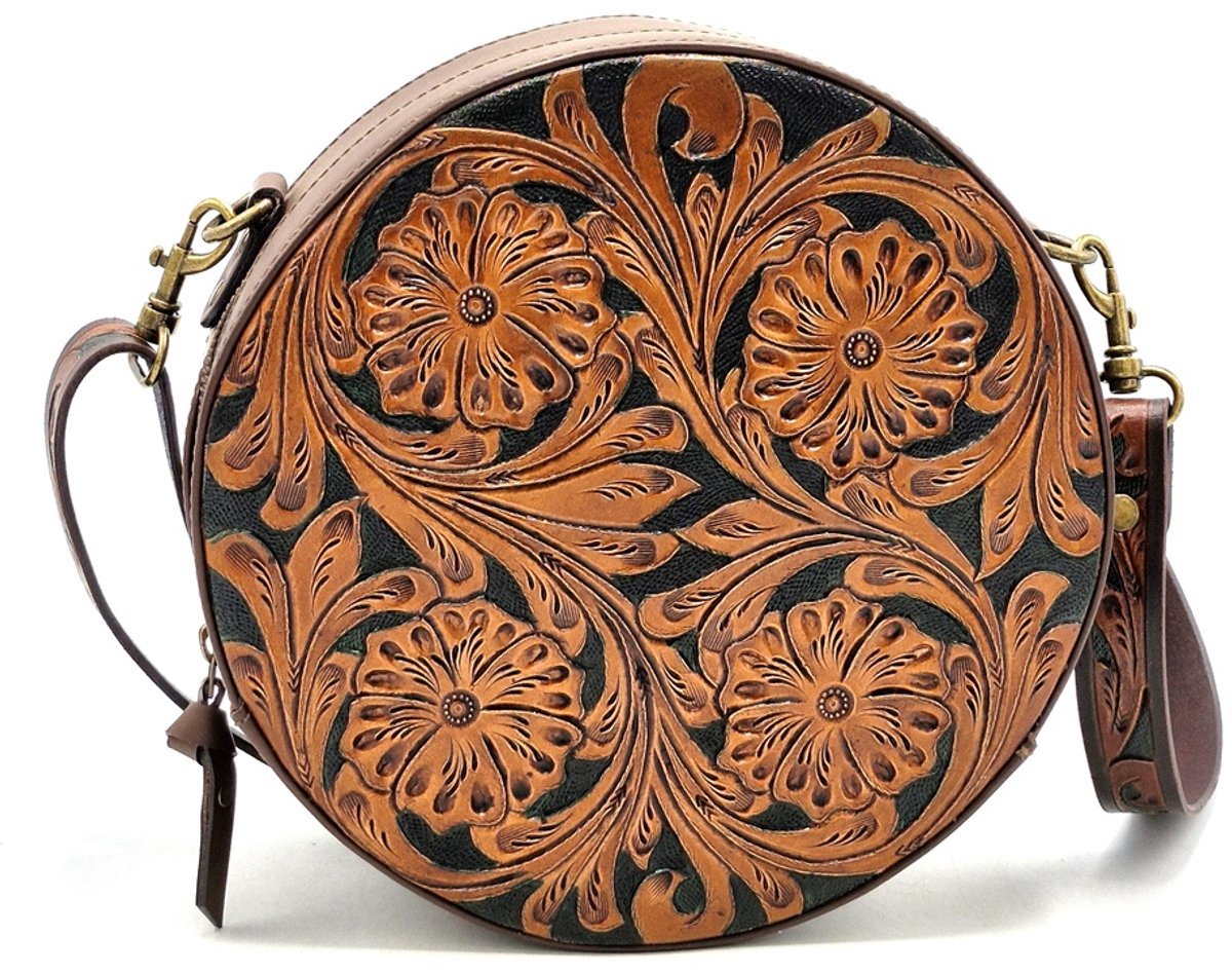 Leren Ronde Handtas met Bloemen reliëf bruin - (bxhxd) ca. 24cm x 24cm x 8cm