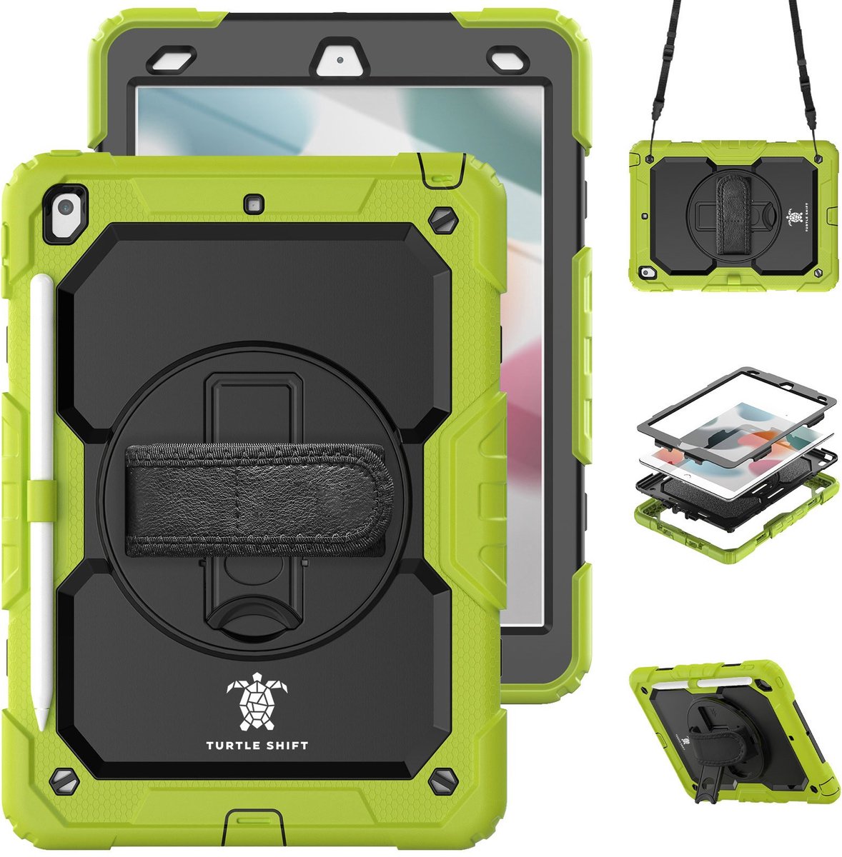 Geschikt voor iPad 9/8/7 Hoes - 9e/8e/7e Generatie - 10.2 Inch - 2021/2020/2019 - Turtle Shift Cover Hoesje - Schouderriem - Handriem - Shockproof - Met Standaard - Apple Pencil Houder - Groen