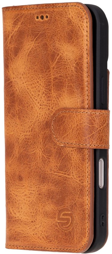 Étui en cuir iPhone 16 Plus - Solidenz Bookcase Étui en cuir iPhone 16 Plus - Cuir véritable - Étui téléphone avec porte-cartes - Étui en cuir pleine fleur - Marron clair