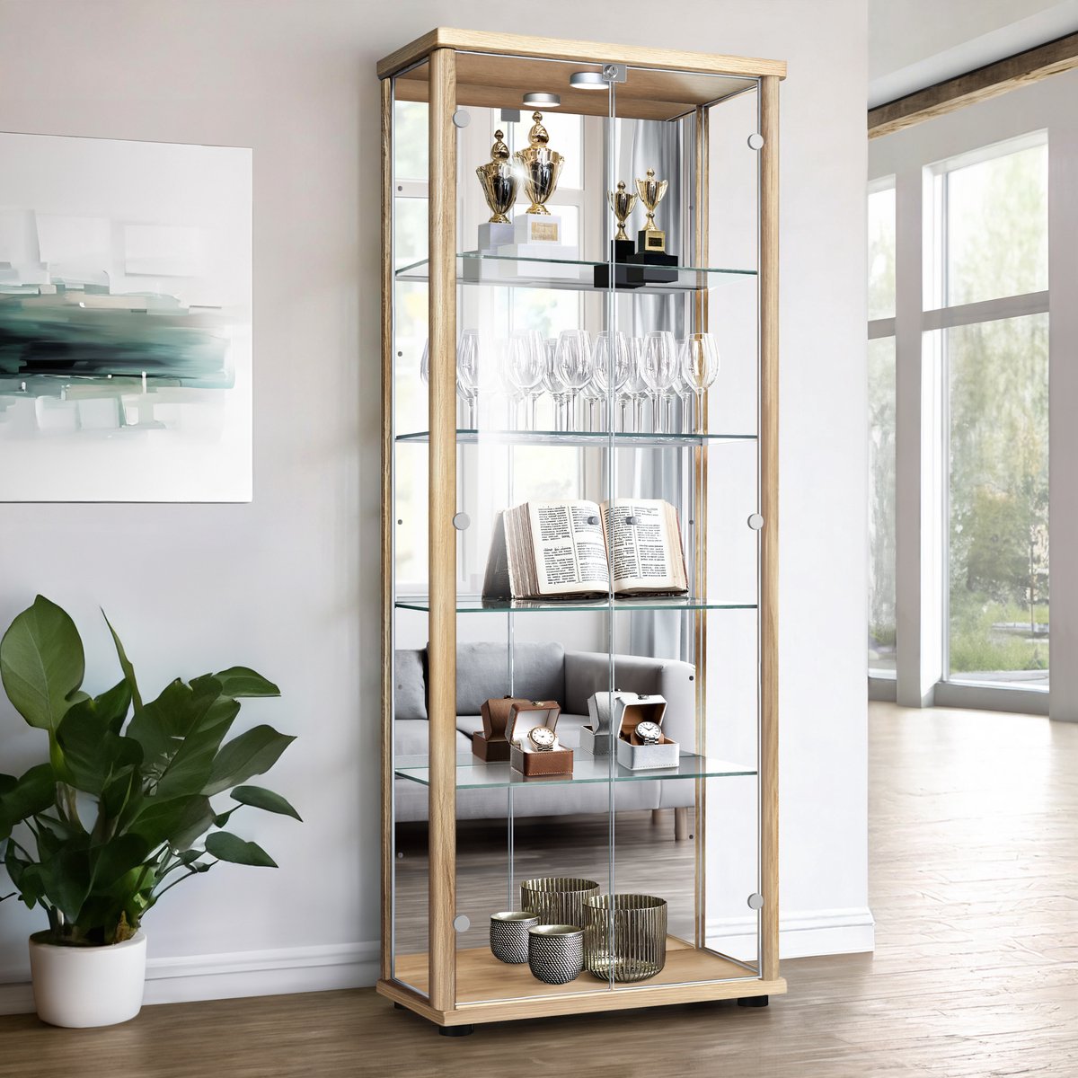 K-Möbel Vitrinekast met glas staand met 2 deuren, 4 in hoogte verstelbare glasplanken, spiegel & slot - Vitrinekast met led verlichting - 176x67x33 cm - Beukenhoutkleur