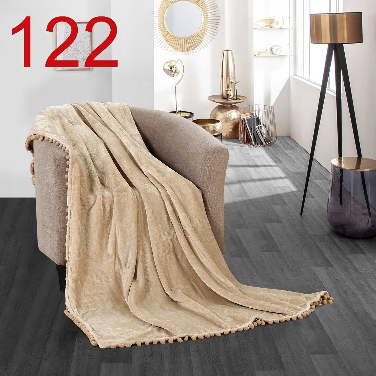 AmeliaHome Zachte Boho Plaid van Microvezel met Pompons - 180x130 cm Beige