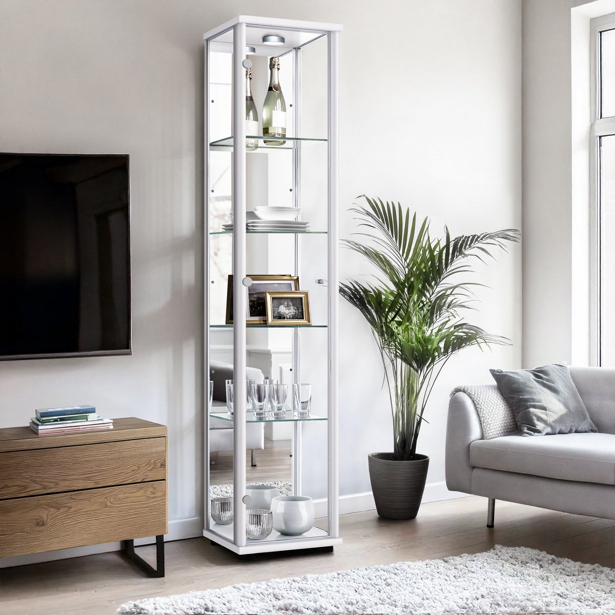 K-Möbel Vitrinekast met glas staand met 1 deur, 4 in hoogte verstelbare glasplanken & spiegel - Vitrinekast met led verlichting - 176x37x33 cm - Wit