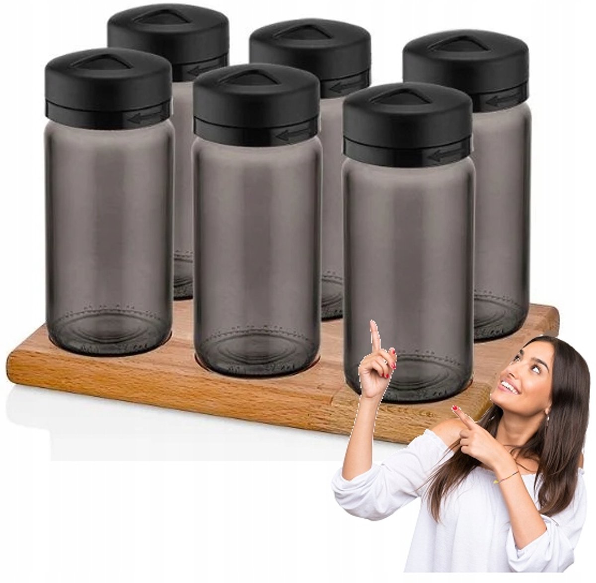 6x kruidenpotjes voor droge voeding, 245 ml, met deksel en standaard