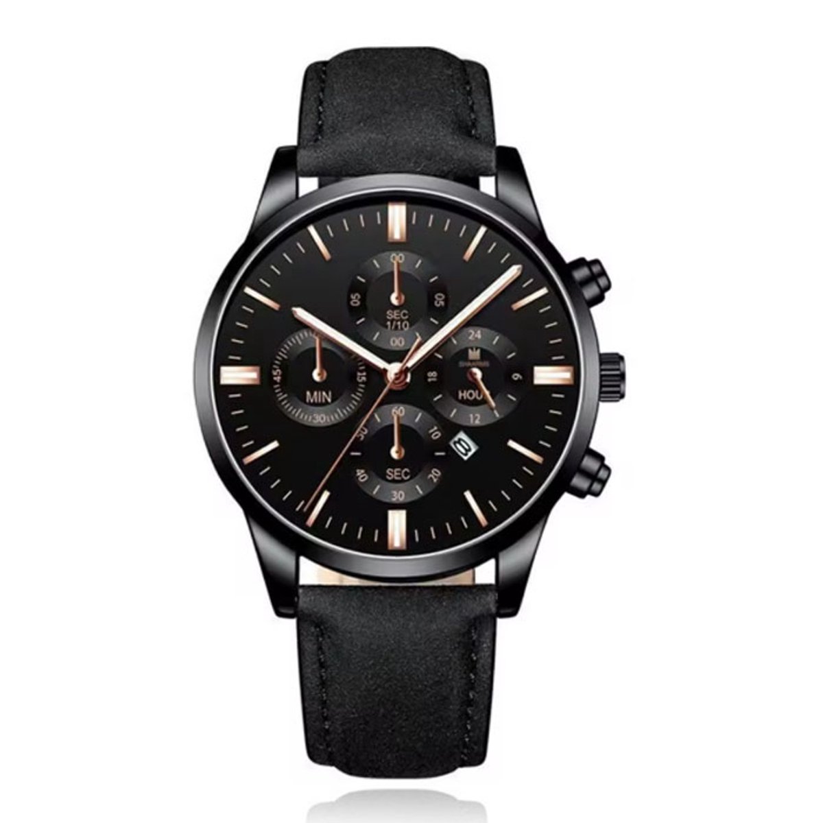 LGT Stoer chronograaf herenhorloge met zwarte band en zwarte wijzerplaat