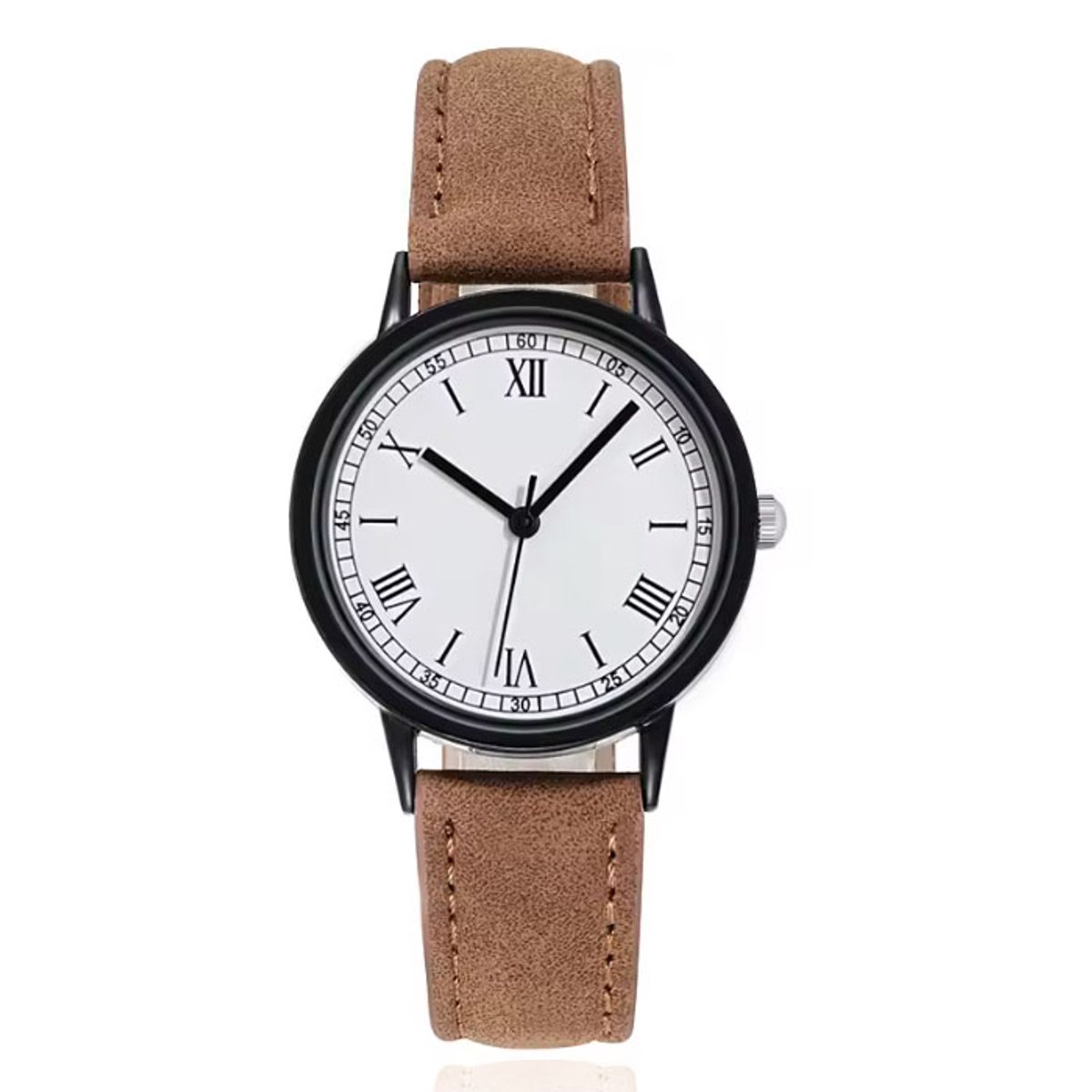 LGT Quartz horloge zwart met witte wijzerplaat en bruine band
