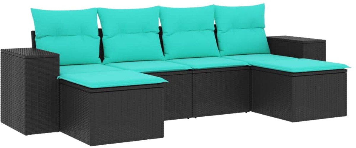 vidaXL - 6-delige - tuinbankset - met - kussens - van - zwart - polyrotan