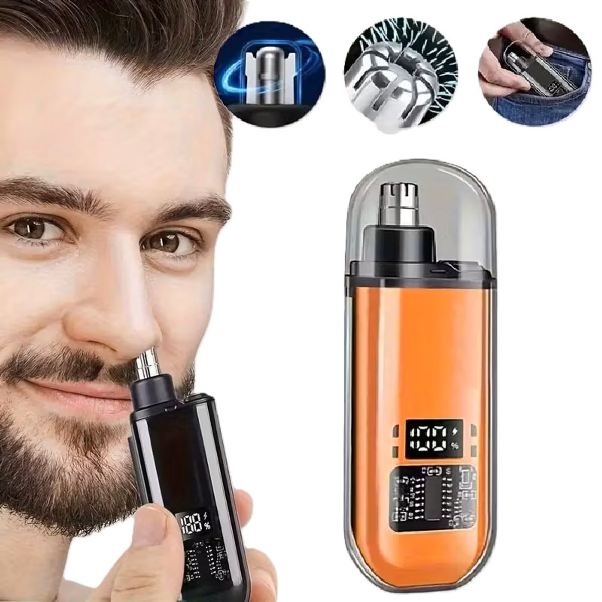 Oplaadbare Neus- en Oortrimmer met LED Display – USB | Pijnloze Precisietrimmer voor Mannen & Vrouwen | RVS Dubbelzijdig Mes | Compact & Stil Design – Oranje