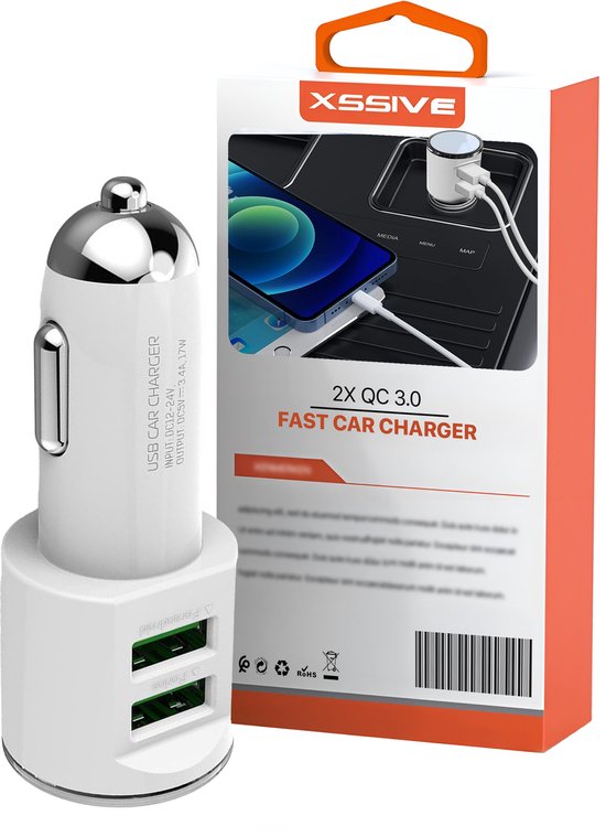 Xssive - Autolader 2 Poorten - Dubbele USB Lader Auto (3.4A) - 12V Stekker - Sigarettenaansteker USB - Wit - Auto Oplader (C29)