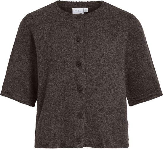 Donkerbruine gebreide vest met korte mouwen en knoopjes.