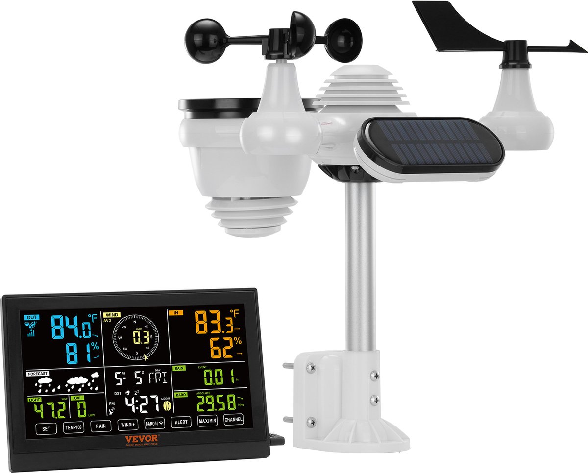 VEVOR 7-in-1 Weerstation Draadloos met Buitensensor - 7.5-inch Kleurendisplay - RCC Atoomklok - voor het Meten van Windrichting, Windsnelheid, Luchtdruk, Binnen-/Buitentemperatuur en Vochtigheid, Maanfase - geen WIFI